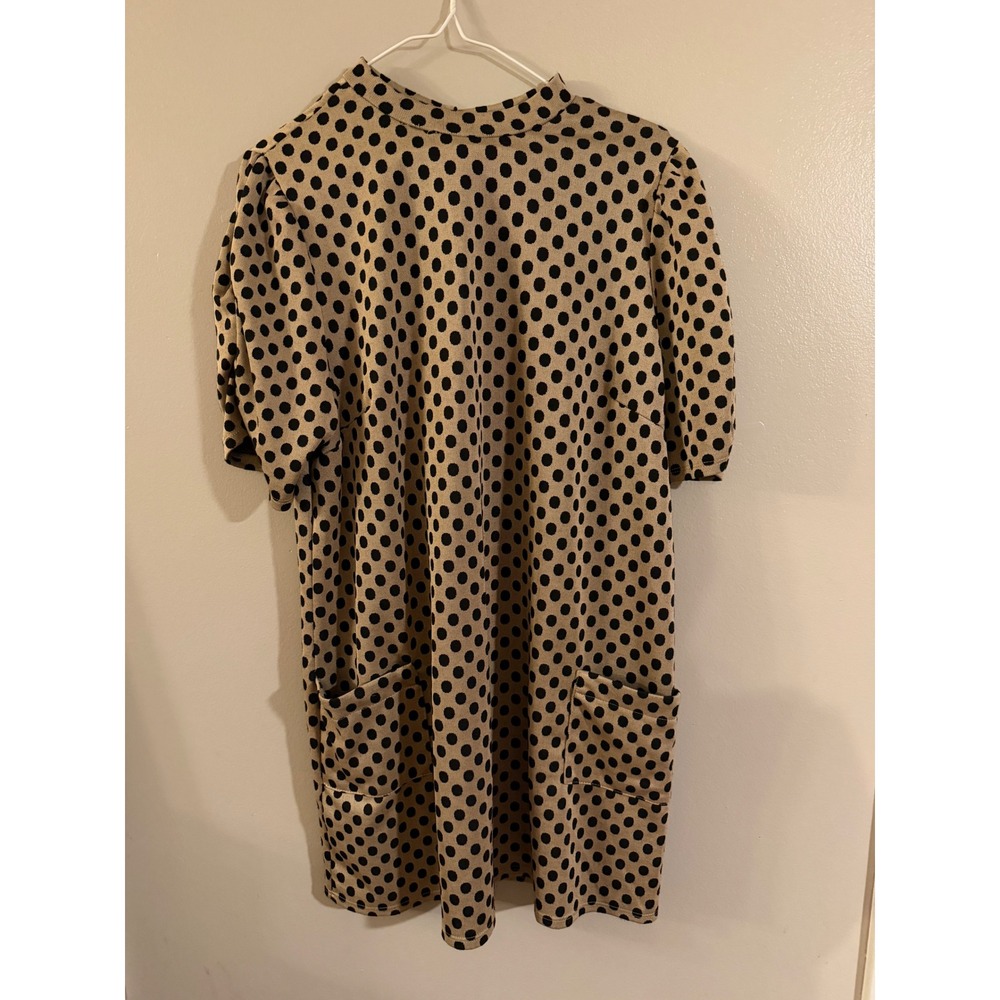 Dorothy Perkins Tan Black Polka Dot Mock Nec Mini Shift Dress With Pockets US 14